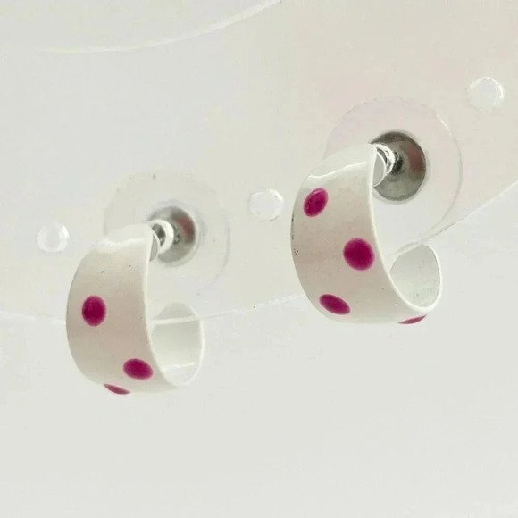 Vintage Jewelry - Vintage White Enamel & Pink Polka Dot Mini Dainty Open Hoops